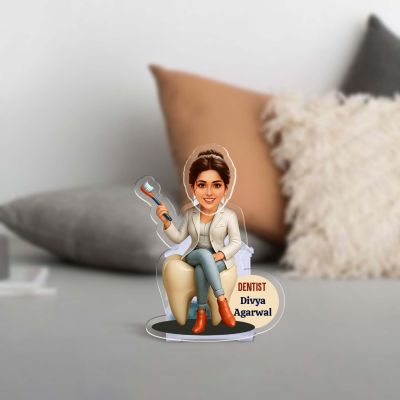 Personalized Caricature for Lady Dentist Doctor Acrylic Standee with Shaking Head Feature, Dental Clinic Desk Decor Battery Powered Moving Head Gift for Dental Doctor